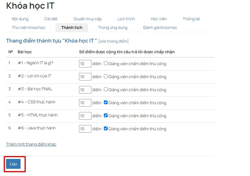 Lưu cài đặt thang điểm trong khóa học