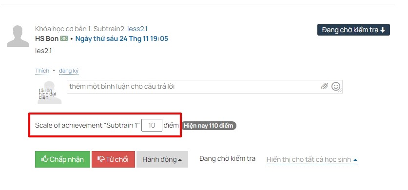 Giảng viên cho điểm trước khi nhấn chấp nhận trả lời của học viên