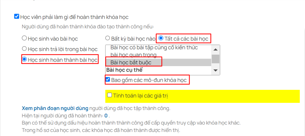 <p>
		<em>Trong bản thân khóa học không có bài học nào, chỉ có những mô-đun khóa học với những bài học. Kết thúc khóa học được xem xét khi hoàn thành tất cả các bài học bắt buộc trong tất cả các mô-đun khóa học.</em>	</p>