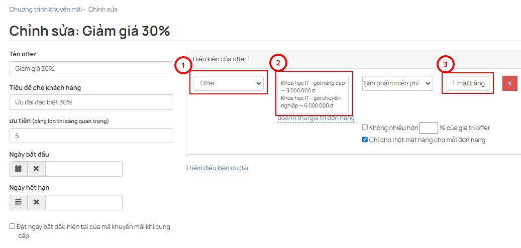 Cài đặt chương trình khuyến mại với loại giảm giá 