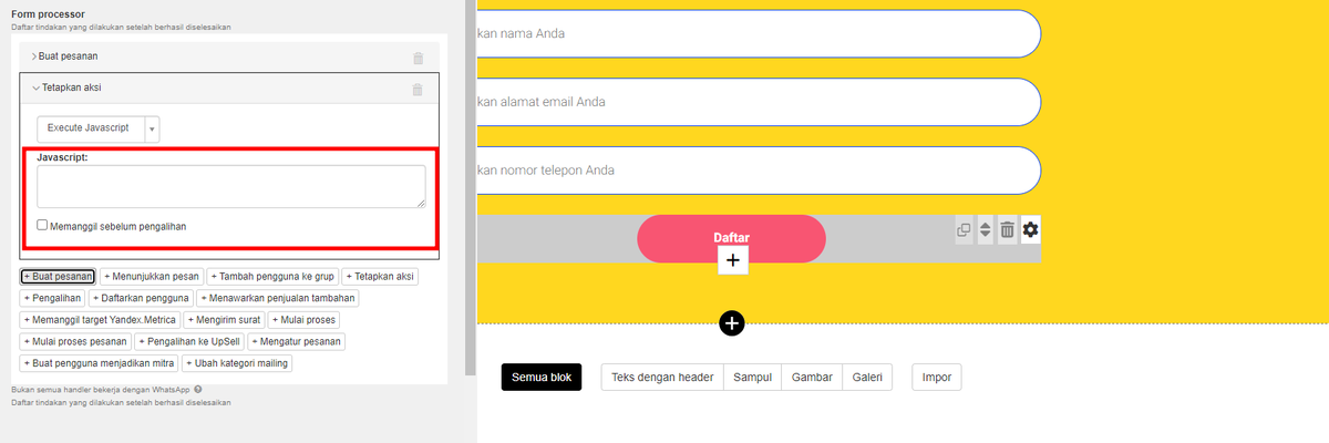 Memasukkan kode pada blok formulir