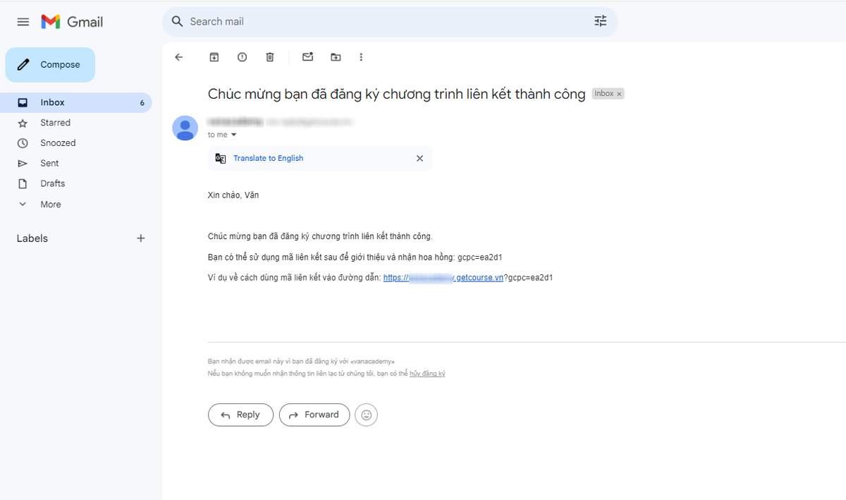 <p>Email chứa mã đối tác mà người dùng nhận được</p>